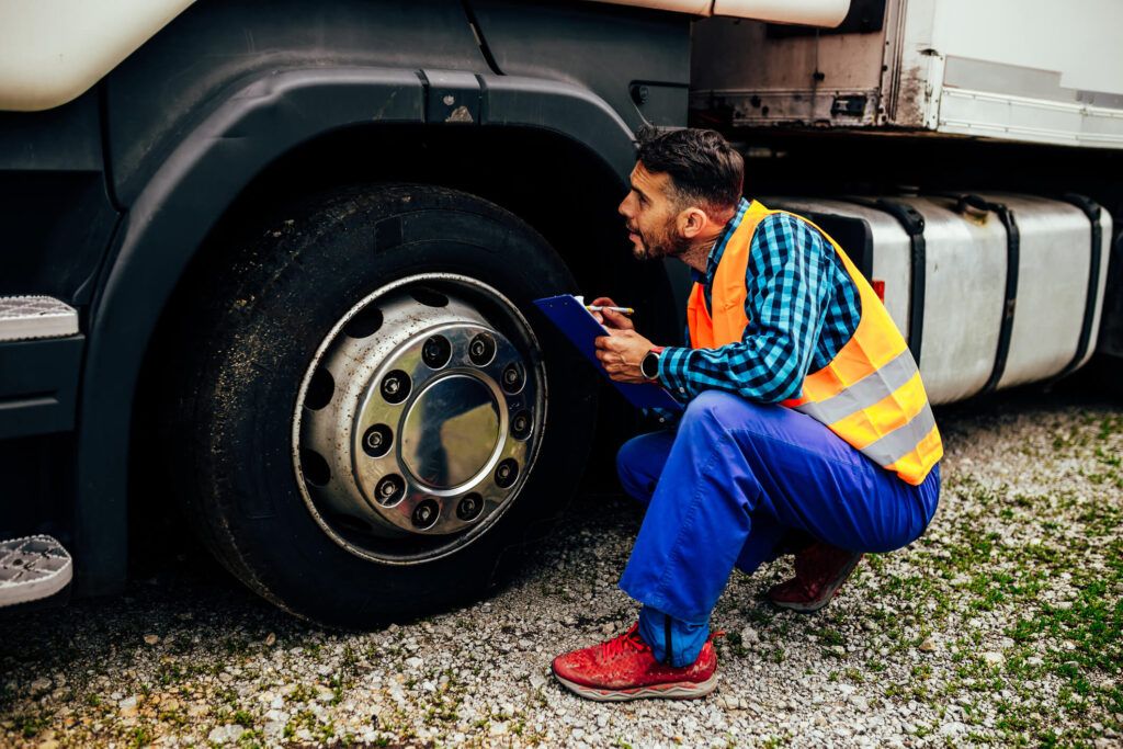 A semi truck gets tires inspected by an automotive garage for wear and tear.